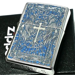 Zippo Oil Lighter Angel Cross Blue Silver 2 Sided Processing Regular Case Japan - Picture 1 of 6