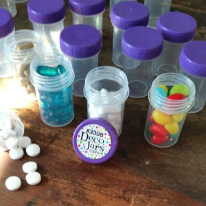 Small Plastic Pill Bottles 12 Jars Purple CAPS Containers #3308 DecoJars USA - Picture 1 of 4