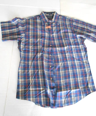 Camisa masculina Lands End xadrez azul/vermelha média SS gola abotoada Y10 - Imagem 1 de 3