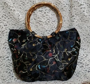 Asiatische bestickte Handtasche Bambusgriffe Reißverschluss ~ Double Nice Co. Taiwan - Bild 1 von 3