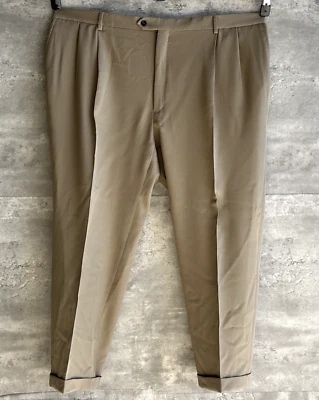 Vintage 1990s Joseph & Feiss Beige 100% Wool Pleated Dress Pants Size 48 Cuffed - Image 1 of 4