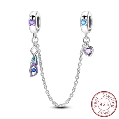 Pulsera MULA 925 plata esterlina hágalo usted mismo dije AAA CZ púrpura pluma de la suerte para mujer Foto 1 de 4