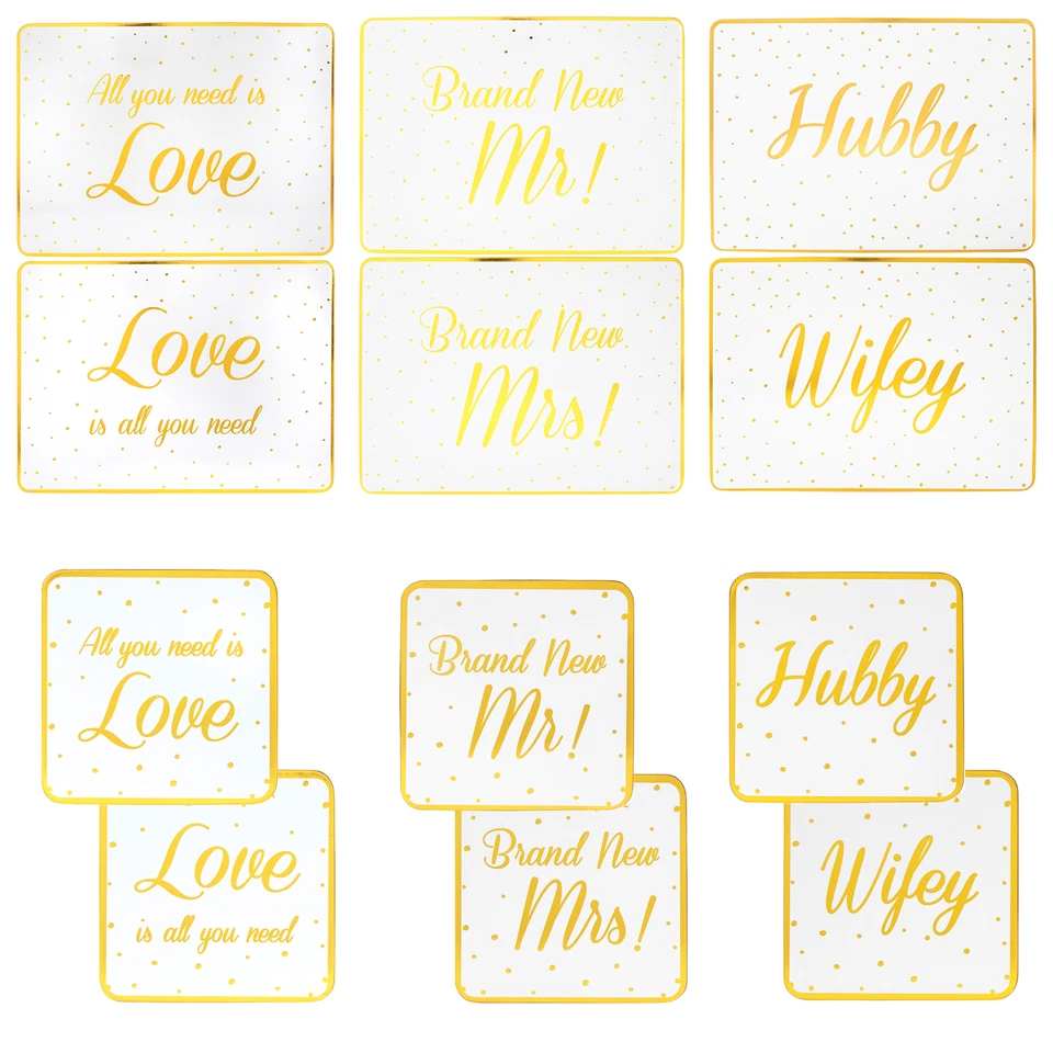 Hochzeit- Set Mit 2 Korken Platzdeckchen Oder Coasters- Weiß & Gold Wähle Design - Bild 1 von 1