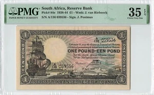 SOUTH AFRICA 1 Pound 1943 (27.4.43) P-84e, PMG 35 VF+ Choice, Nice Grade. - Picture 1 of 2