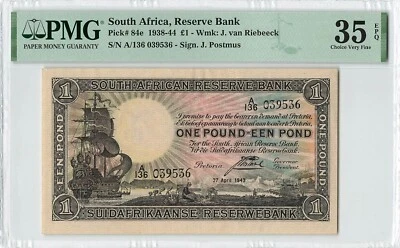 SOUTH AFRICA 1 Pound 1943 (27.4.43) P-84e, PMG 35 VF+ Choice, Nice Grade. - Image 1 of 2