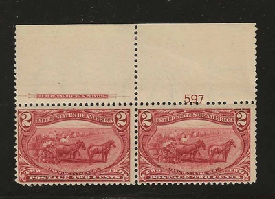 US Scott #286 mint NH 2c copper red Trans Miss 1898, pl# pair w/imprint og f/vf - Image 1 of 2