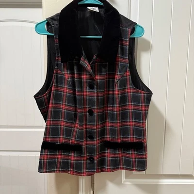 Maggie Lawrence Vintage Holiday Plaid Velvet Trim Festive Vest USA Women 14/16 - Image 1 of 4
