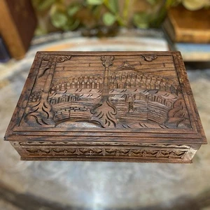 Vintage Walnut Carved Wood Box Architectural Floral Design Trinkets Gorgeous - Picture 1 of 10