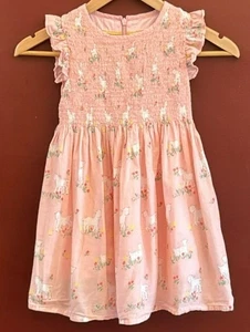 Mini Boden Pink Sleeveless Dress Ruffle Sleeves Smocked Bodice 4-5Y Animal Print - Picture 1 of 6