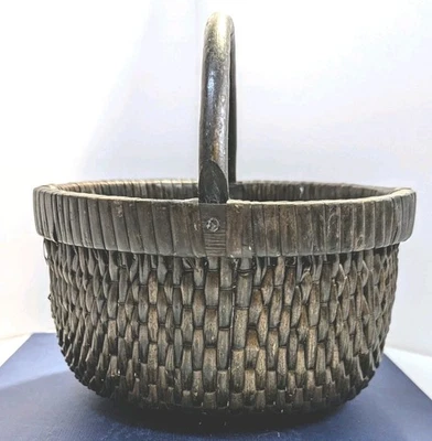 Reed Basket Bent Wood Handle Dk Brown Round Woven Antique c. 1900 Market Wicker - Image 1 of 4