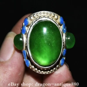1.4" Old Chinese silver inlay Green gemstone Paintings Palace flower Ring - Picture 1 of 6