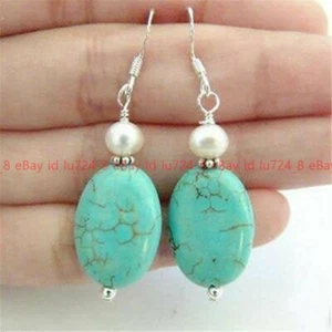 Natural 13x18mm Turquoise 6mm White Shell Pearl Silver Hook Dangle Earrings - Picture 1 of 12