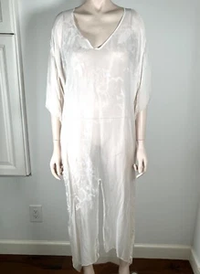 WHITE SEMI SHEER SILK LONG KAFTAN, SWIMSUIT COVER UP DRESS 3/4 SLEEVE V-NECK O/S - Picture 1 of 5