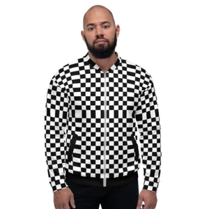 Mens Jacket - Checkered Colorblock Bomber Jacket Black/white - Picture 1 of 12