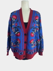Farm Rio Knit Wool Blend Cardigan Palms Paradise Teal Floral Print Sweater - Picture 1 of 15