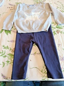 PRE OWNED JACADI 2 PC OUTFIT UNISEX SWEATER WITH "CAT" LONG BUE KNIT PANTS 6 MON - Picture 1 of 18