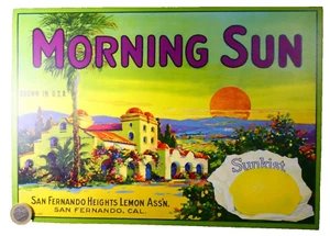 Obstkiste Etikett Vinatege Kunst Etikett, Original Litho ca.1955 Morgensonne, - Bild 1 von 1