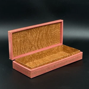 Vintage Ladies Glove Box Pink Gold Leatherette Faux Wood Grain Lined 11" MCM - Picture 1 of 15
