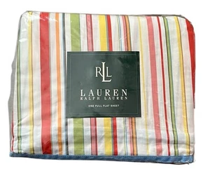 RALPH LAUREN VTG Harbor View NOS Striped Blue Trim Cotton Full Flat Sheet 200 TC - Picture 1 of 8