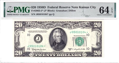 1950-D $20 FRN Kansas City *STAR* PMG Choice Unc 64EPQ Rare Pop 3/4 #J05010104* - Image 1 of 2