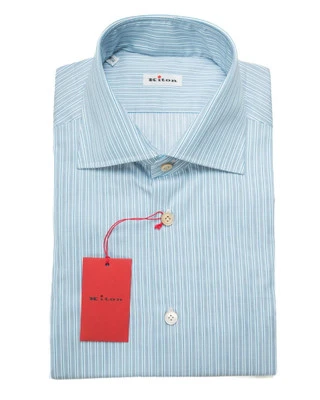 Camisa de vestir Kiton $1,295 nueva con etiquetas azul blanco a rayas algodón calce ajustado (42 IT) 16.5 Foto 1 de 4