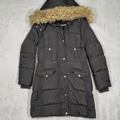 J.Crew Mujeres XS Negro Plumón Puffer Parka Capucha Invierno Chaqueta Cálida Acogedora Look Y2K Foto 1 de 4