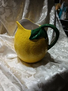 Lemon Shaped Yellow Stoneware Pitcher W/ Green Leaf Handle 7 1/2" - Picture 1 of 6