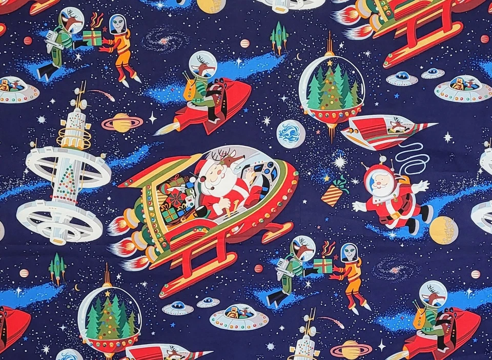 Tela Alexander Henry SANTA IN SPACE - 1 YARDA - Diseño DeLeon - Azul marino - 2017 NUEVO Foto 1 de 4