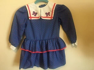 Vtg Girls Size 5 Smocked Blue With Red Polka Dot Dress~Bib Collared With Bows - Picture 1 of 6