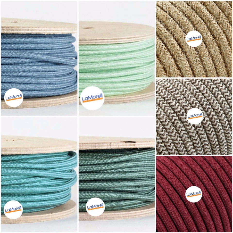 LAMORELL LIGHTDESIGN CAVO ELETTRICO COLORATO ROTONDO IN TESSUTO FILATO GREZZO VINTAGE. PENDEL LAMPADE