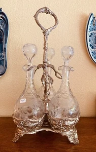 Silver Decanter ~ 3 ETCHED CRYSTAL CARAFE ~ Wine Bottle Holder - Picture 1 of 10