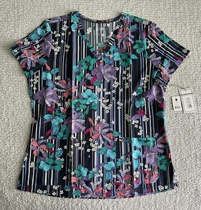Koi Next Gen Scrub Top Women’s Large Early Energy Striped Floral Stretch Nursing - Picture 1 of 10