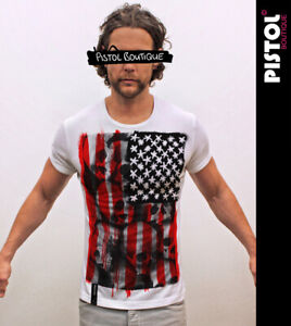 Pistol Boutique mens White Rolled Sleeve crew USA SKULLS STARS & STRIPES T-shirt