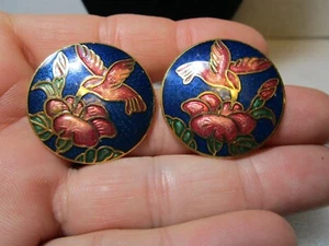 Vintage round Blue with pink Flower Hummingbird Cloisonné Enamel Earrings 1980 - Picture 1 of 5