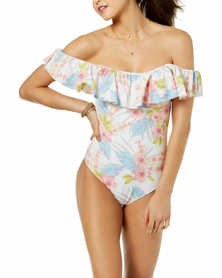 Raisins Junior Small White Floral Maui Off-shoulder 1-piece Swimsuit S