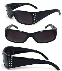 Ladies Rhinestone Bifocal Reading Glasses Sunglasses Sun Reader BF68 Black +3.50 - Picture 1 of 4