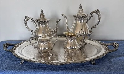 Baroque By Wallace Tea Set  Silverplate Elegant Detailed 5 Piece Set Vintage - Image 1 of 4