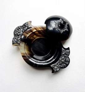 Lotus Arts de Vivre Sterling Silver Trimmed Carved Horn Covered Candy Dish Bowl - Picture 1 of 13