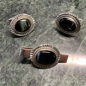 Manschettenknöpfe und Krawattenklammer Sterlingsilber und rauchiges Tigerauge - Bild 1 von 7