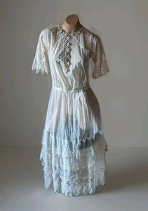 Antique Edward 1910s Swiss Dot Lace Pink Rosette Floral Tiered Lawn Dress XXS/XS - Picture 1 of 17