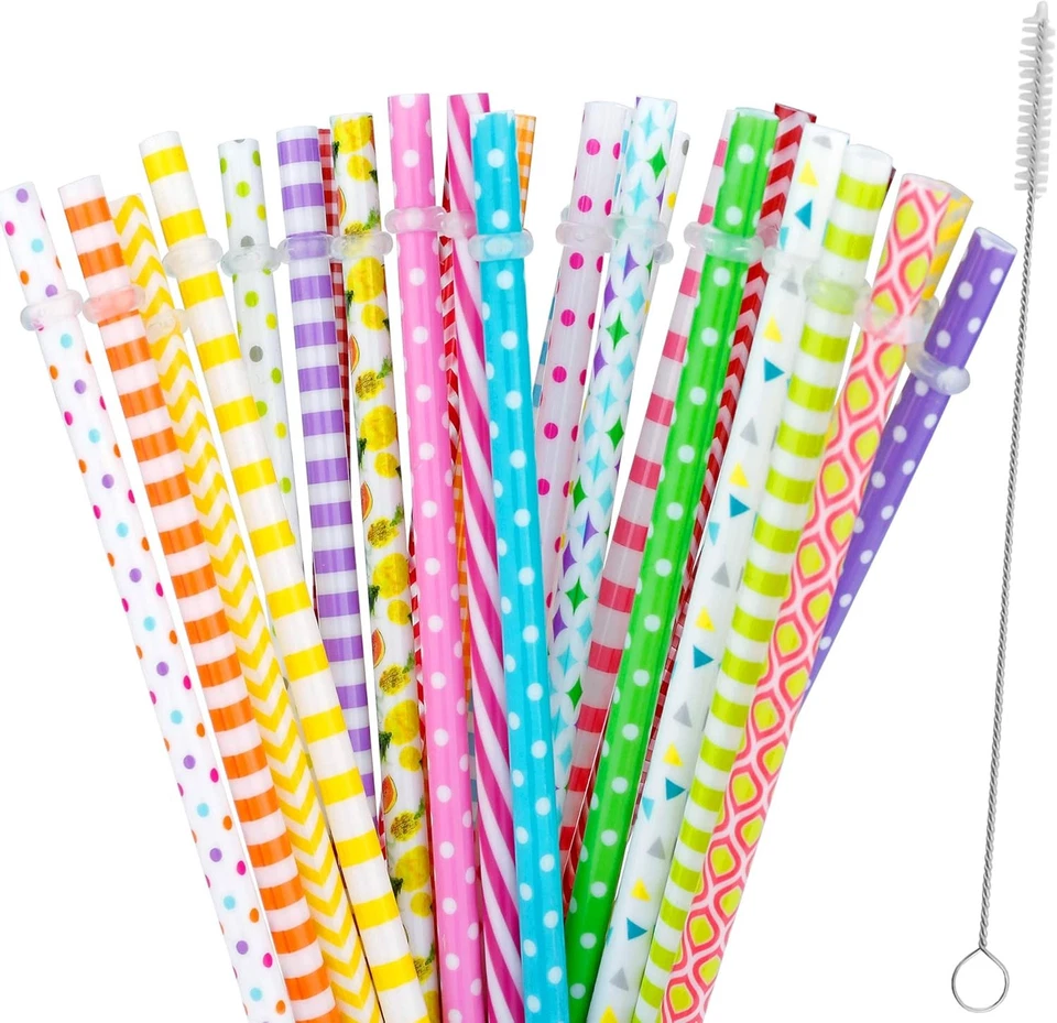 30 Pcs Reusable Straws BPA Colorful Printing Hard Plastic Stripe 9 Inches