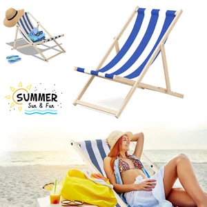 Wooden Beach Folding Deck Chair Lounger Sunbed Garden Seaside Beach Traditional - Picture 1 of 9