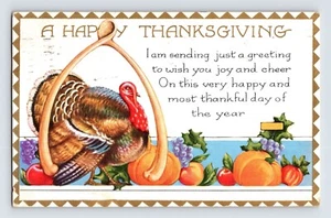 Postal Día de Acción de Gracias Pavo Deseo Hueso Calabaza Manzana 1931 Publicado Dividido - Imagen 1 de 2