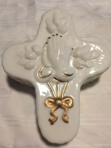 Crown Porcelain Trinket Box, White Cross with Gold Trim - Picture 1 of 4