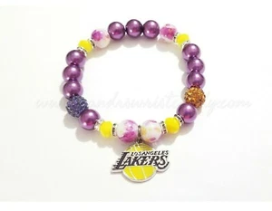 Los Angeles Lakers Bracelet/ Beaded Bracelet/ Stretchy/ Sports Bracelet/ Purple  - Picture 1 of 2