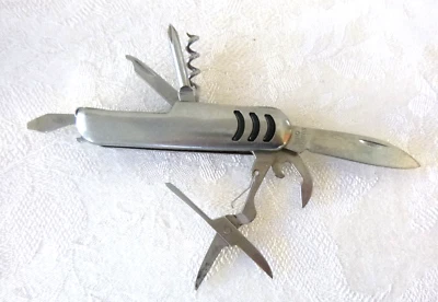 Vintage 7-Blade Stainless Steel 3" Survival Pocket Knife Corkscrew Scissors + - Image 1 of 3