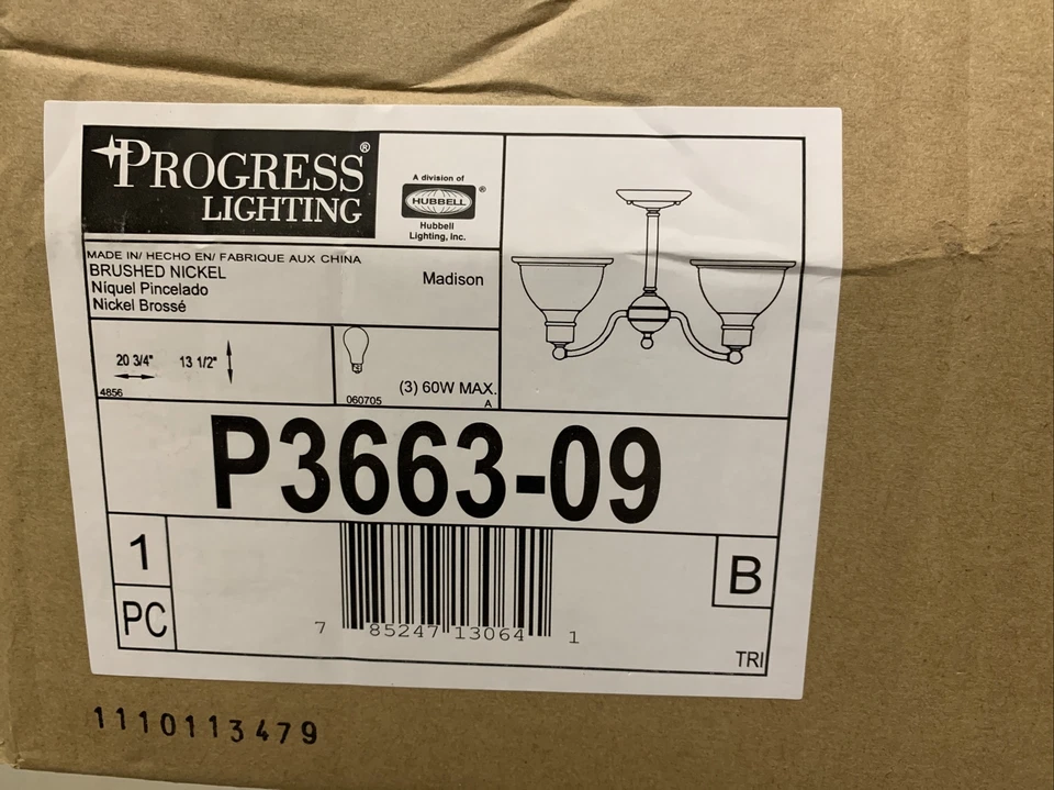 PROGRESS LIGHTING P3663-09 Madison 3-Light Close-to-Ceiling, 60 W, Brushed - Image 1 of 2
