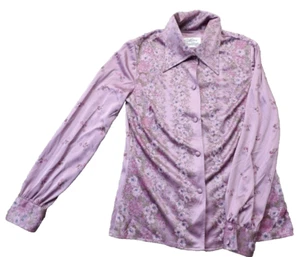 Vtg WESTERN HERITAGE Womens DRESSY WESTERN TOP PURPLE W/FLOWERS SILKY 90's Y2K - Picture 1 of 10