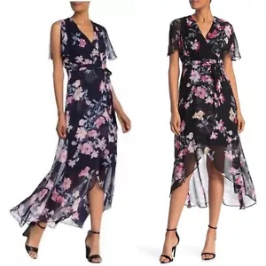 Eliza J Floral Butterfly Sleeve Hi Low Chiffon Faux Wrap Midi Dress Size 16W - Picture 1 of 13