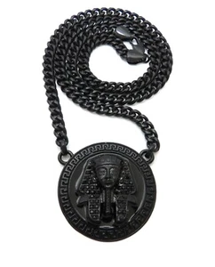 Hip Hop Iced Black Egyptian King Tut Pharaoh Pendant & 24" Cuban Chain Necklace - Picture 1 of 5